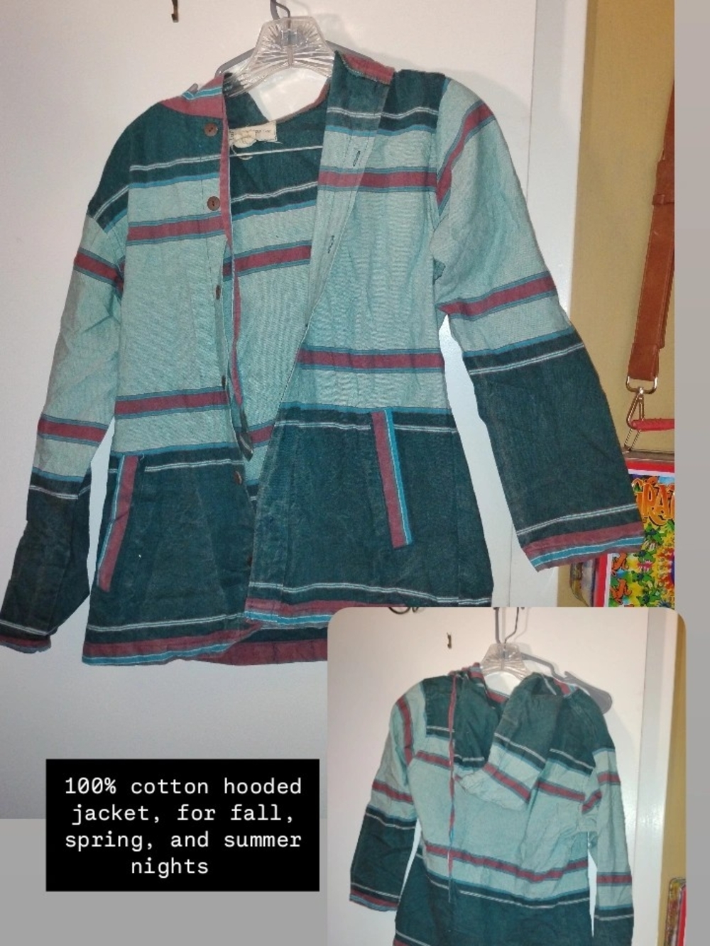 Striped Hooded Cotton Jacket in Teal and Dark Green with Red Accents